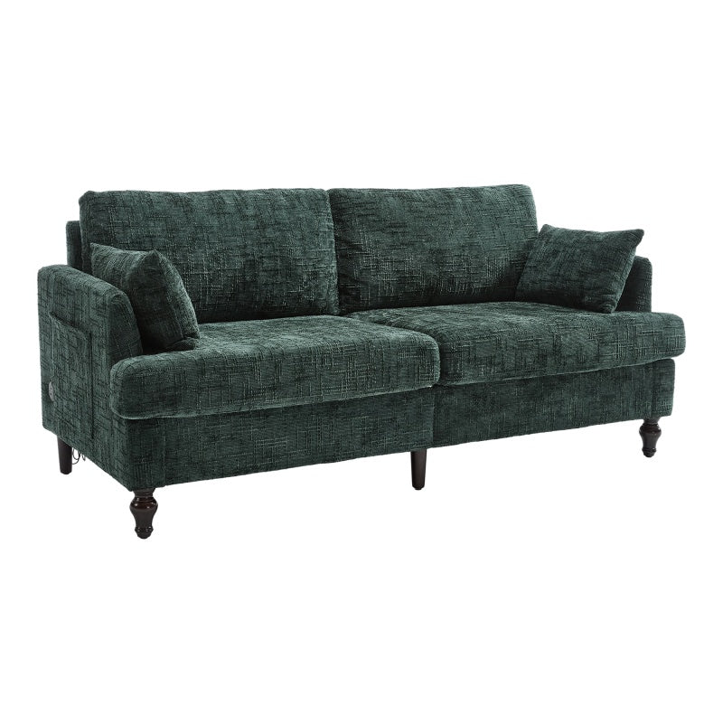 Modern Chenille 2-Seater Sofa with LED Light, USB Charging Port, and Storage Bag in Emerald-海智集-Default-