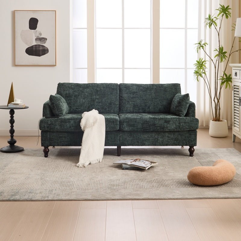 Modern Chenille 2-Seater Sofa with LED Light, USB Charging Port, and Storage Bag in Emerald-海智集-Default-