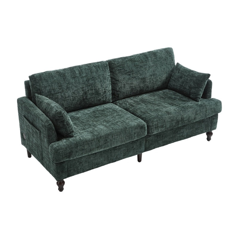 Modern Chenille 2-Seater Sofa with LED Light, USB Charging Port, and Storage Bag in Emerald-海智集-Default-