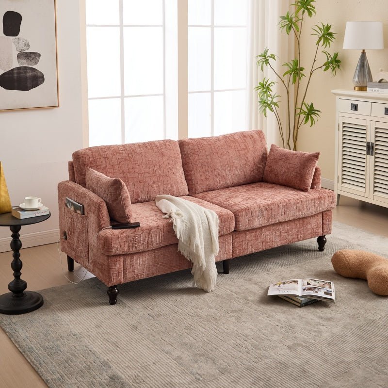 Modern Chenille 2-Seater Sofa with LED Light, USB Port, and Storage Bag in Pink-海智集-Default-