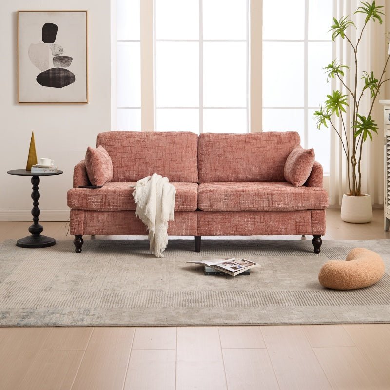 Modern Chenille 2-Seater Sofa with LED Light, USB Port, and Storage Bag in Pink-海智集-Default-
