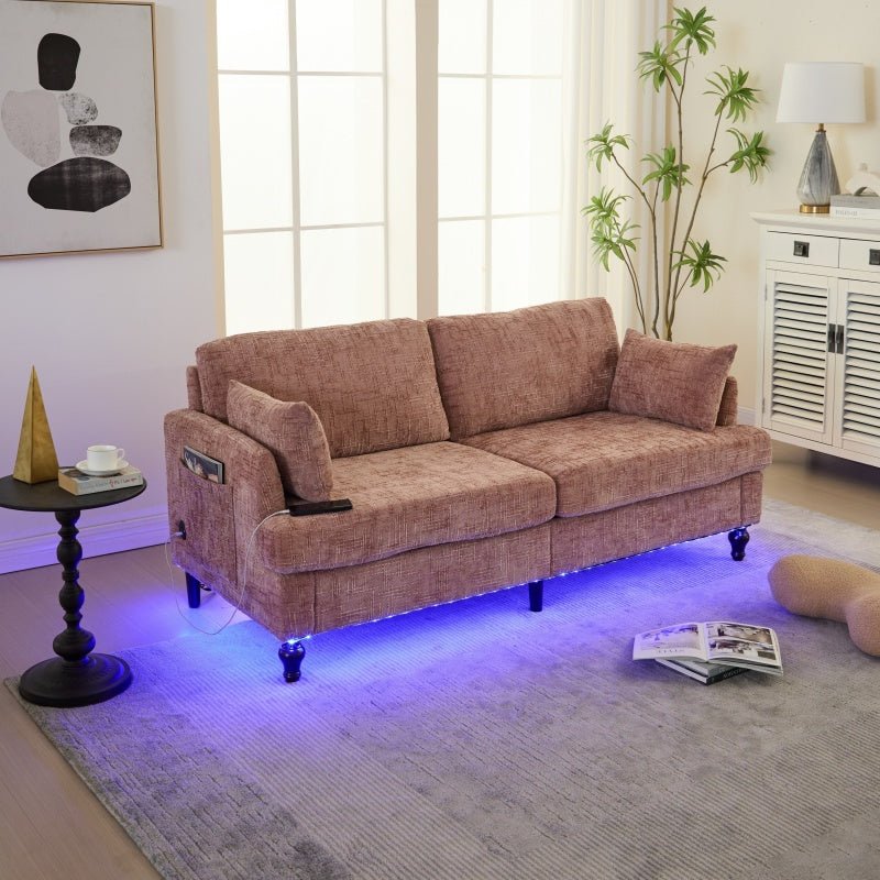 Modern Chenille 2-Seater Sofa with LED Light, USB Port, and Storage Bag in Pink-海智集-Default-
