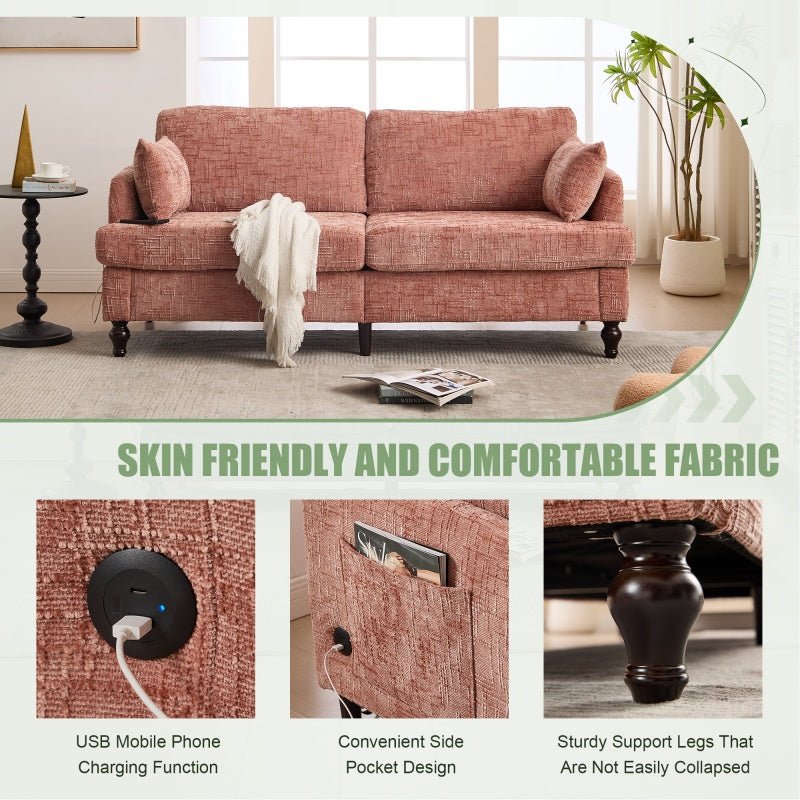 Modern Chenille 2-Seater Sofa with LED Light, USB Port, and Storage Bag in Pink-海智集-Default-