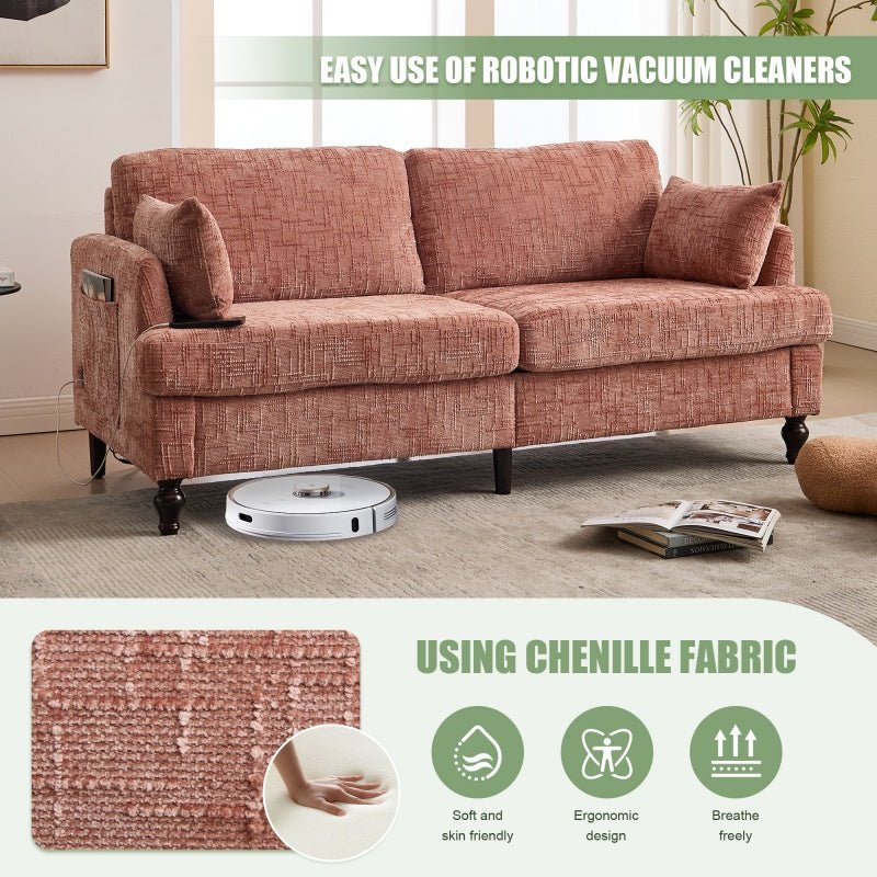 Modern Chenille 2-Seater Sofa with LED Light, USB Port, and Storage Bag in Pink-海智集-Default-