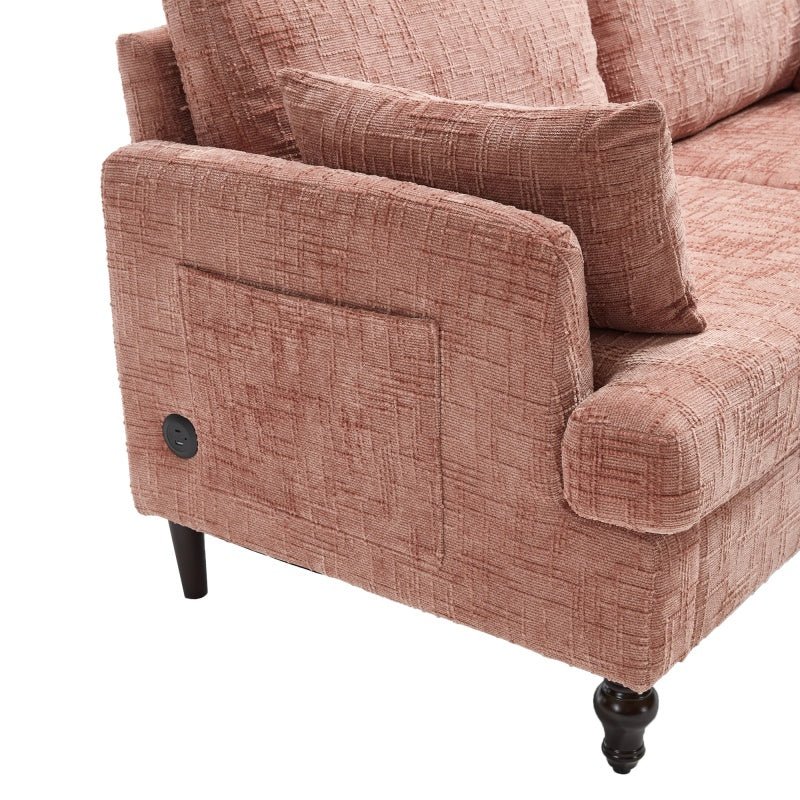 Modern Chenille 2-Seater Sofa with LED Light, USB Port, and Storage Bag in Pink-海智集-Default-