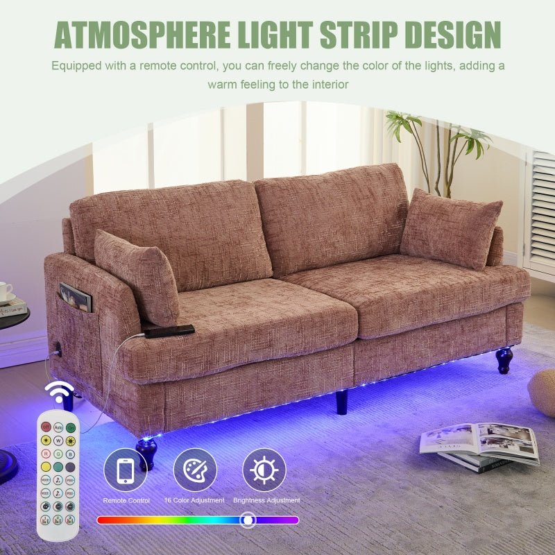 Modern Chenille 2-Seater Sofa with LED Light, USB Port, and Storage Bag in Pink-海智集-Default-