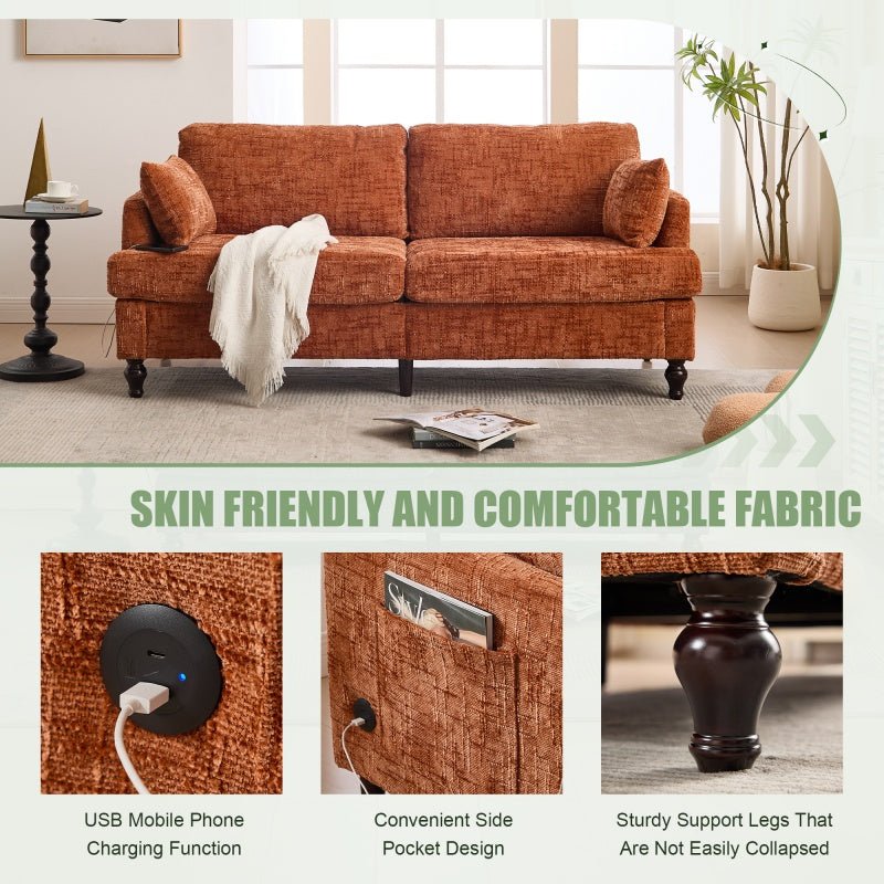 Modern Style Chenille 2-Seater Sofa with LED Light, USB Charging Port & Storage Bag in Orange-海智集-Default-