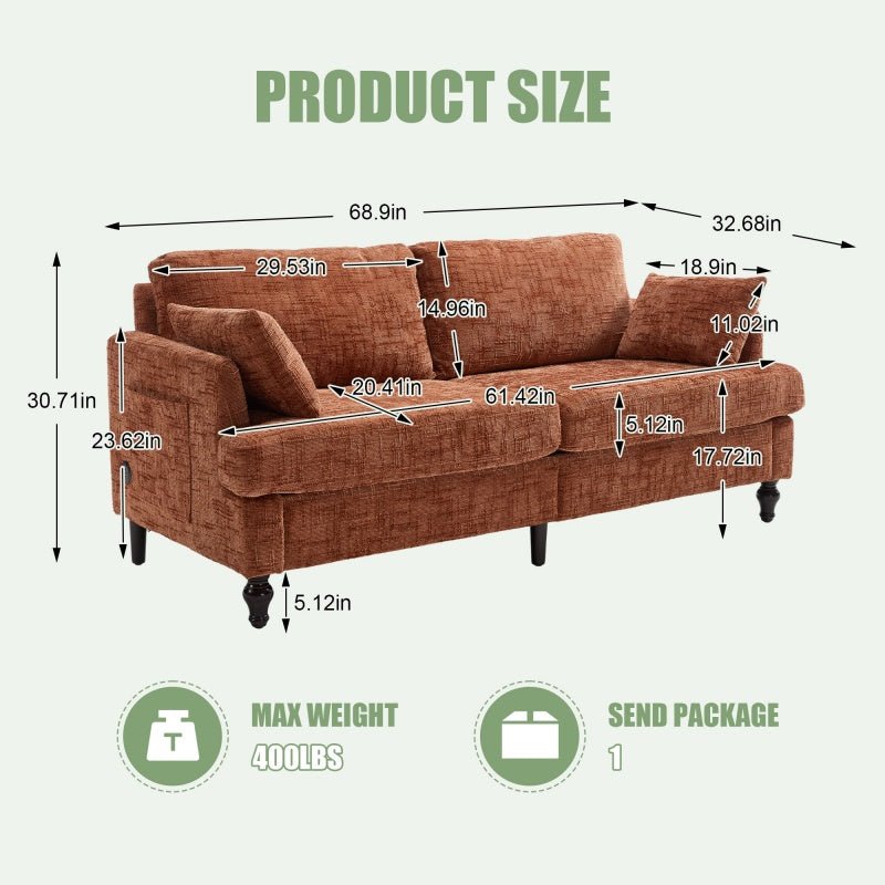Modern Style Chenille 2-Seater Sofa with LED Light, USB Charging Port & Storage Bag in Orange-海智集-Default-
