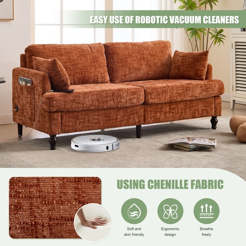 Modern Style Chenille 2-Seater Sofa with LED Light, USB Charging Port & Storage Bag in Orange-海智集-Default-