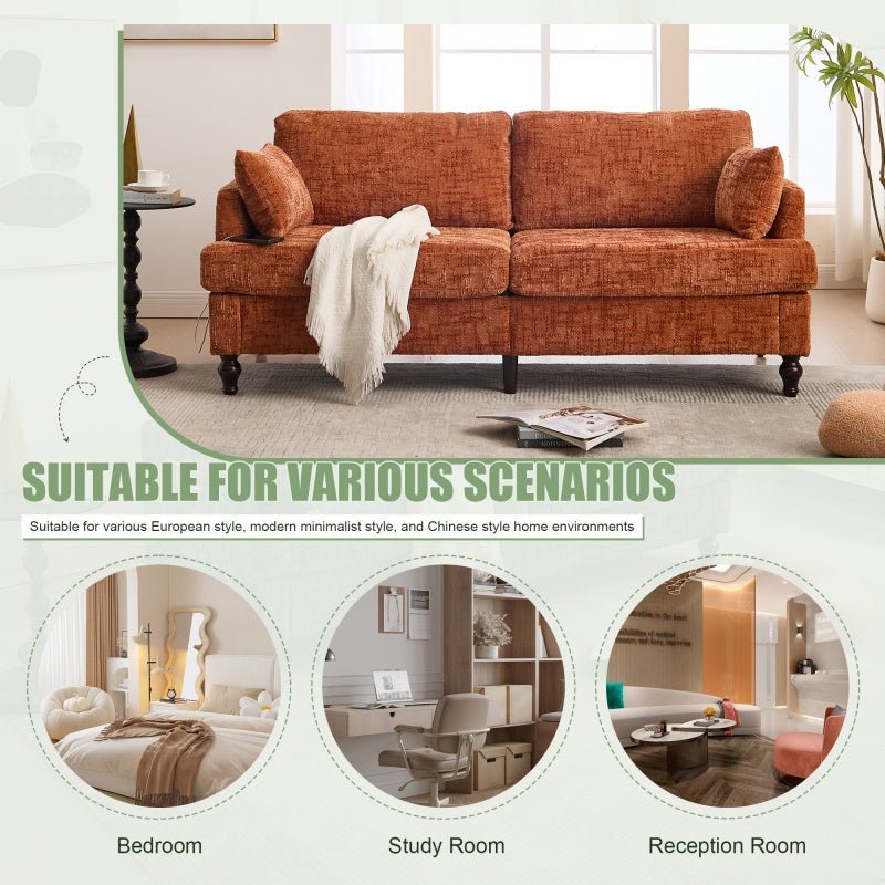 Modern Style Chenille 2-Seater Sofa with LED Light, USB Charging Port & Storage Bag in Orange-海智集-Default-