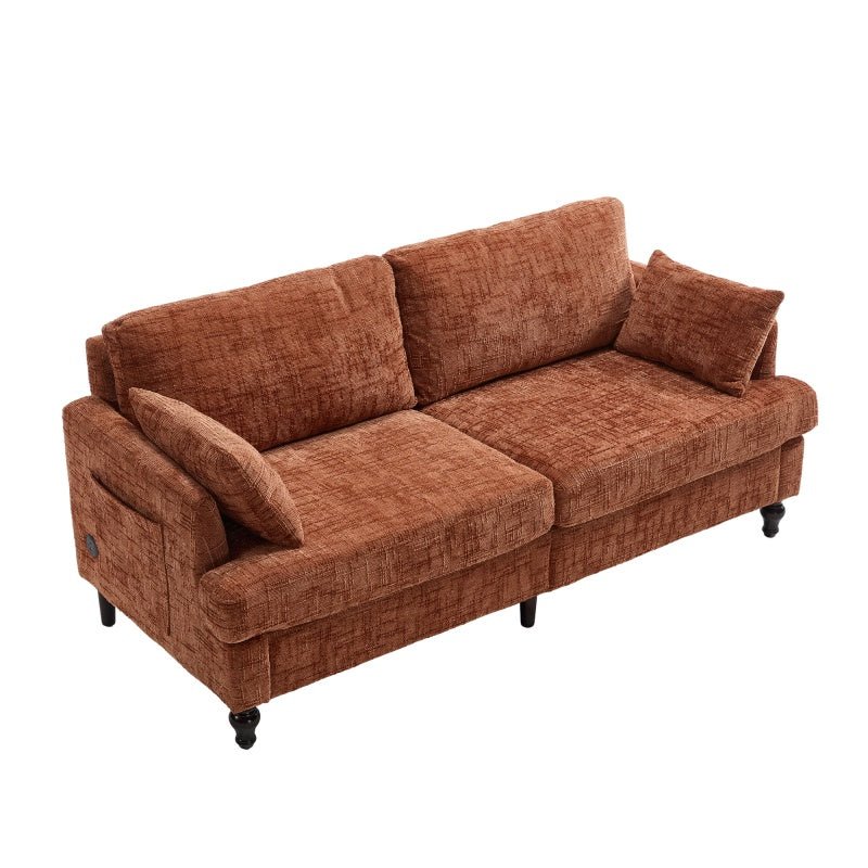Modern Style Chenille 2-Seater Sofa with LED Light, USB Charging Port & Storage Bag in Orange-海智集-Default-