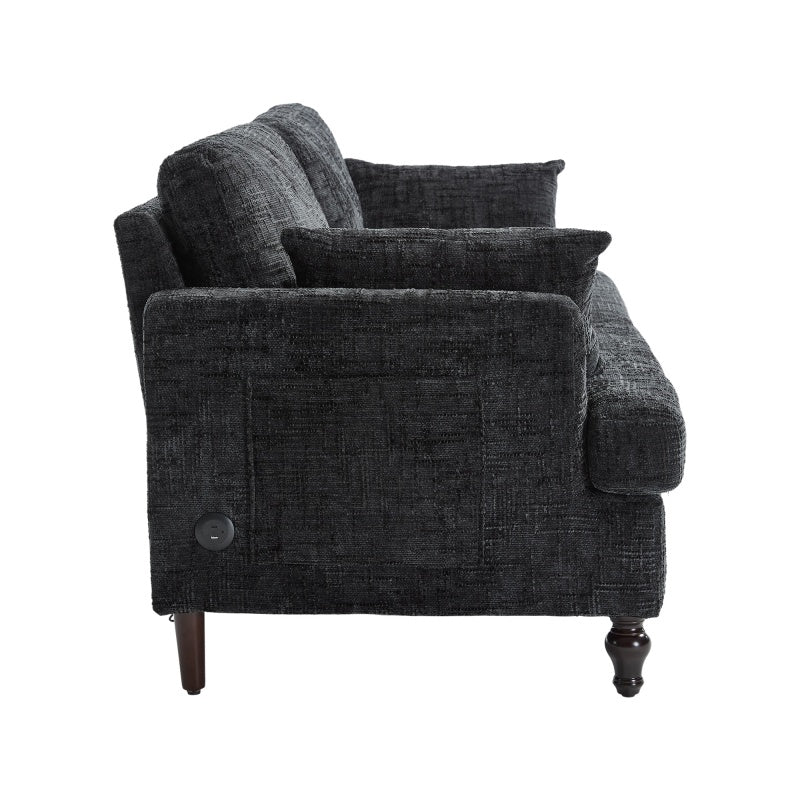 Modern Style Chenille 2-Seater Sofa with LED Light, USB Port and Storage Bag in Black-海智集-Default-