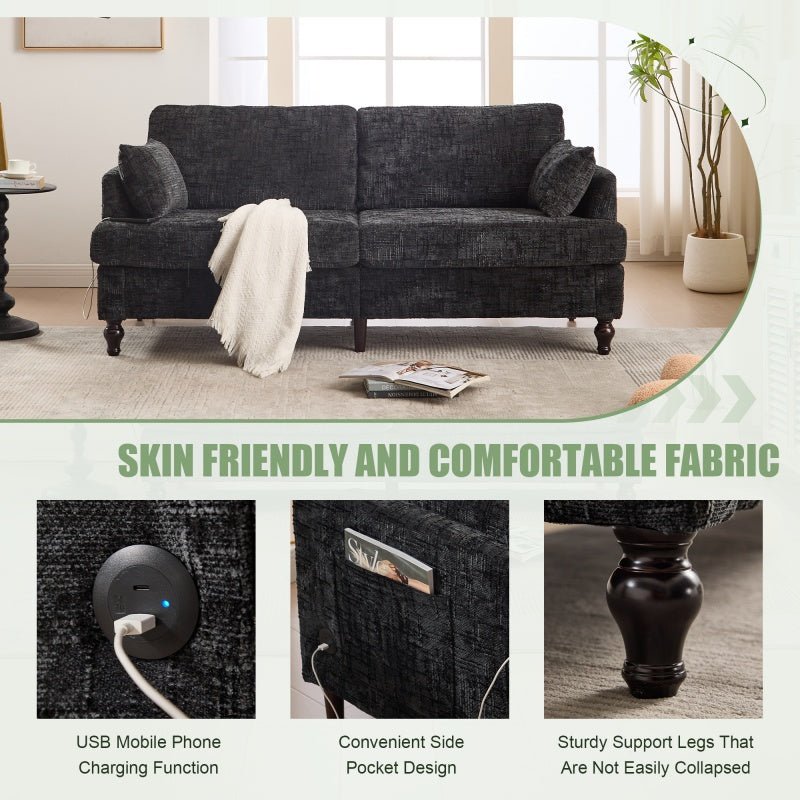 Modern Style Chenille 2-Seater Sofa with LED Light, USB Port and Storage Bag in Black-海智集-Default-