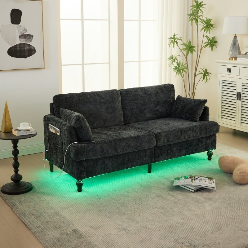 Modern Style Chenille 2-Seater Sofa with LED Light, USB Port and Storage Bag in Black-海智集-Default-