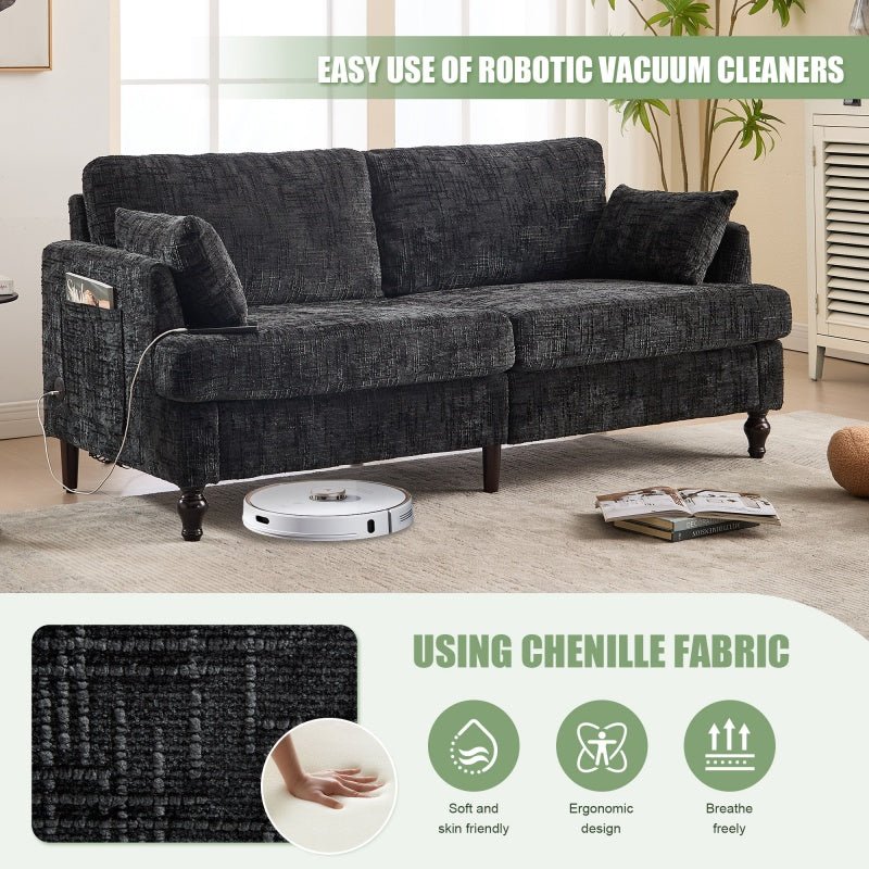 Modern Style Chenille 2 - Seater Sofa with LED Light, USB Port and Storage Bag in Black - 海智集