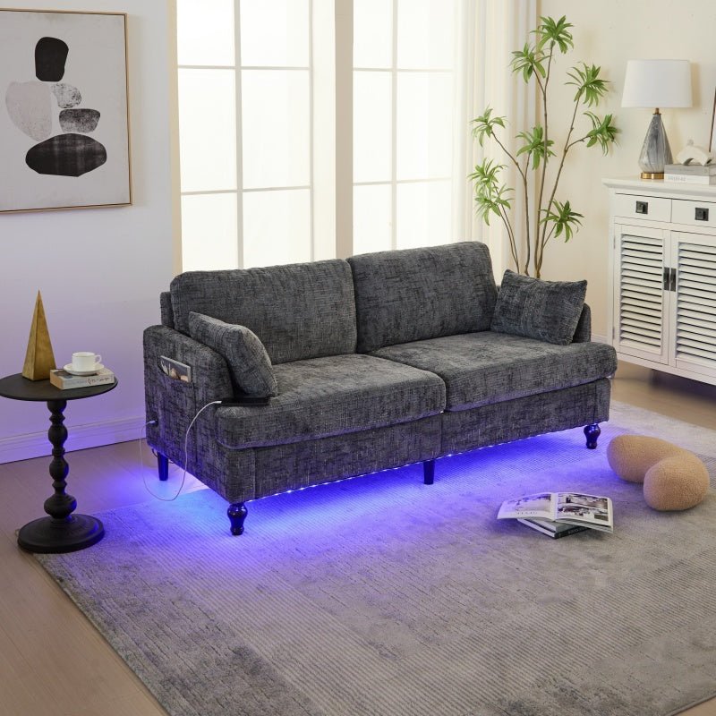 Modern Style Chenille 2-Seater Sofa with LED Light, USB Port, and Storage Bag in Gray-海智集-Default-