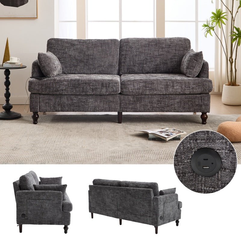 Modern Style Chenille 2-Seater Sofa with LED Light, USB Port, and Storage Bag in Gray-海智集-Default-