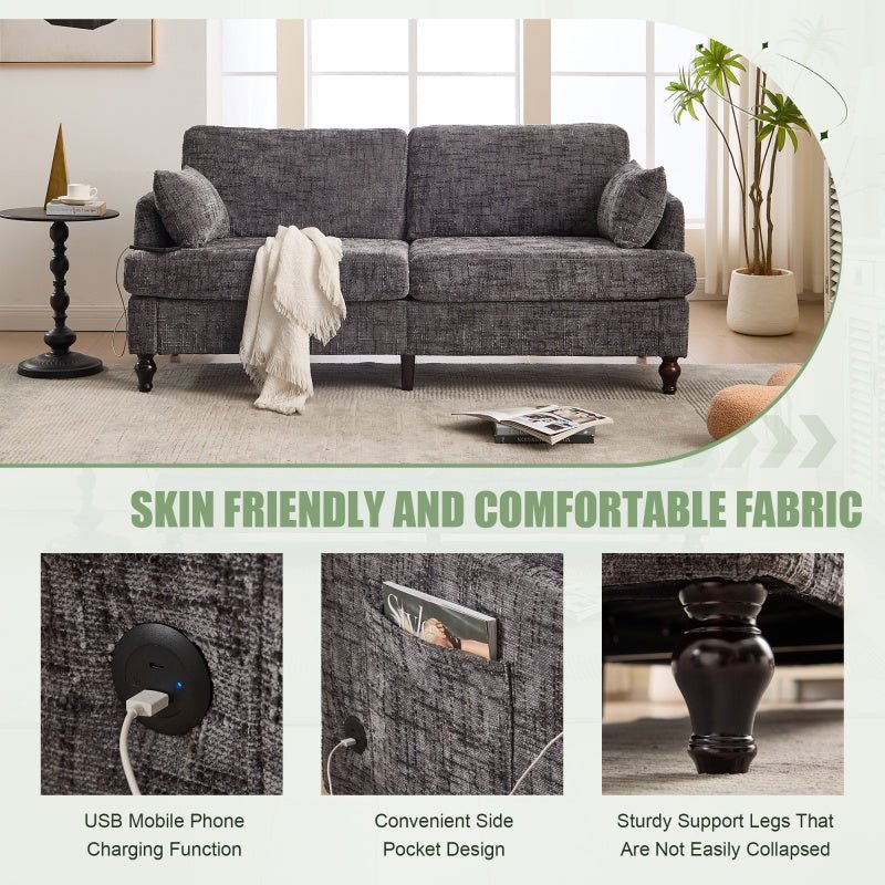 Modern Style Chenille 2-Seater Sofa with LED Light, USB Port, and Storage Bag in Gray-海智集-Default-