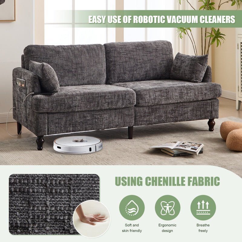 Modern Style Chenille 2-Seater Sofa with LED Light, USB Port, and Storage Bag in Gray-海智集-Default-