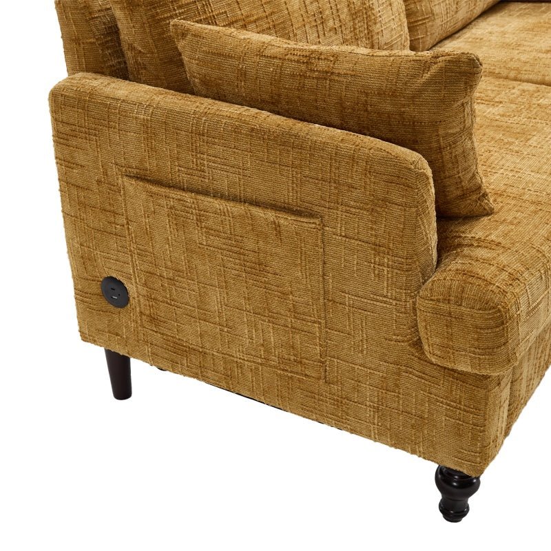 Modern Style Chenille 2-Seater Sofa with LED Light, USB Port & Storage Bag, Mustard Yellow, Rubber Wood Legs-海智集-Default-