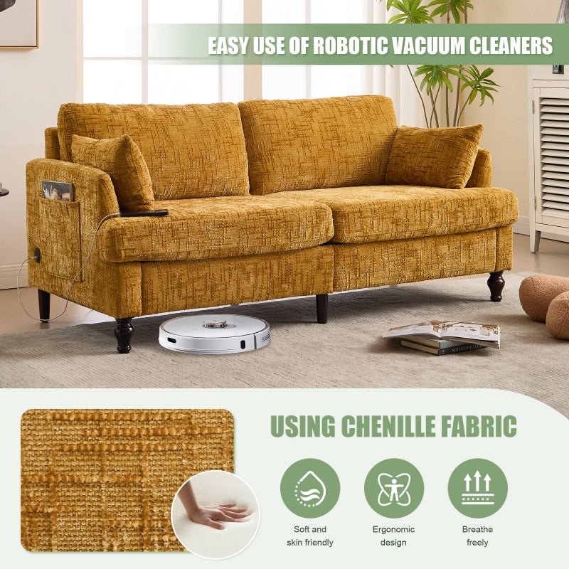 Modern Style Chenille 2-Seater Sofa with LED Light, USB Port & Storage Bag, Mustard Yellow, Rubber Wood Legs-海智集-Default-