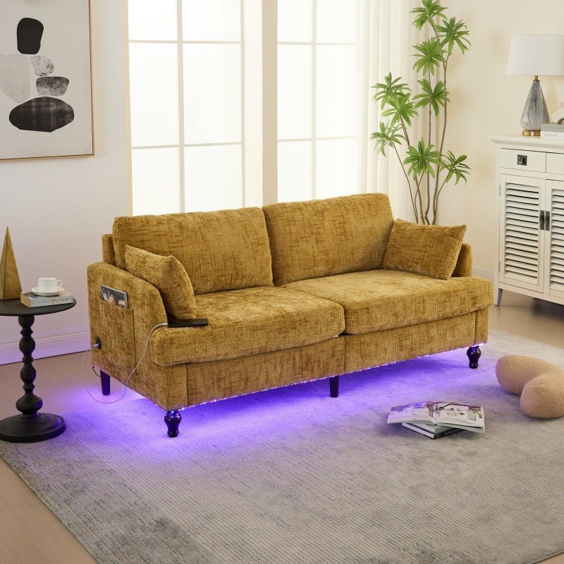 Modern Style Chenille 2-Seater Sofa with LED Light, USB Port & Storage Bag, Mustard Yellow, Rubber Wood Legs-海智集-Default-