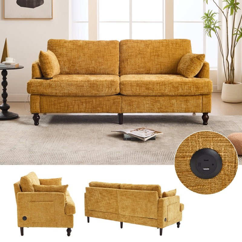 Modern Style Chenille 2-Seater Sofa with LED Light, USB Port & Storage Bag, Mustard Yellow, Rubber Wood Legs-海智集-Default-