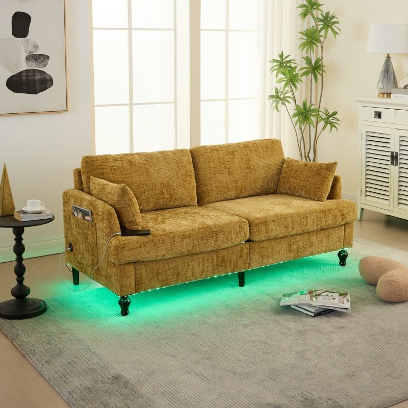 Modern Style Chenille 2-Seater Sofa with LED Light, USB Port & Storage Bag, Mustard Yellow, Rubber Wood Legs-海智集-Default-