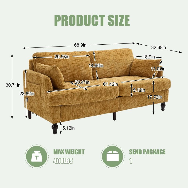 Modern Style Chenille 2-Seater Sofa with LED Light, USB Port & Storage Bag, Mustard Yellow, Rubber Wood Legs-海智集-Default-