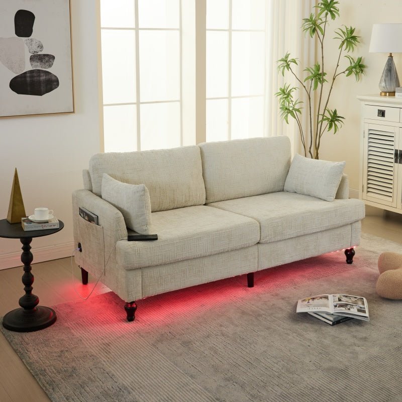Modern Style Chenille 2-Seater Sofa with LED Light, USB Port, Storage Bag, Wood Legs-海智集-Default-