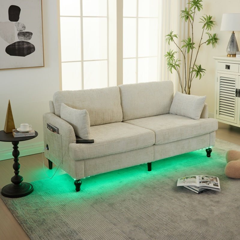 Modern Style Chenille 2-Seater Sofa with LED Light, USB Port, Storage Bag, Wood Legs-海智集-Default-
