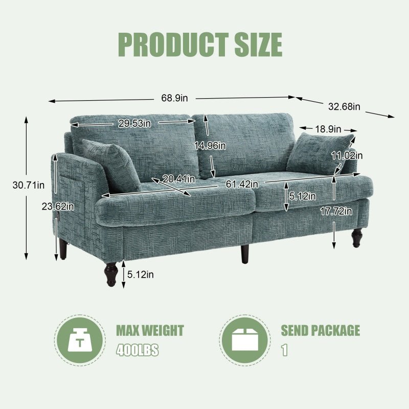 Modern Style Chenille 2-Seater Wood-Legged Sofa with LED Light, USB Charging Port and Storage Bag in Lake Blue-海智集-Default-