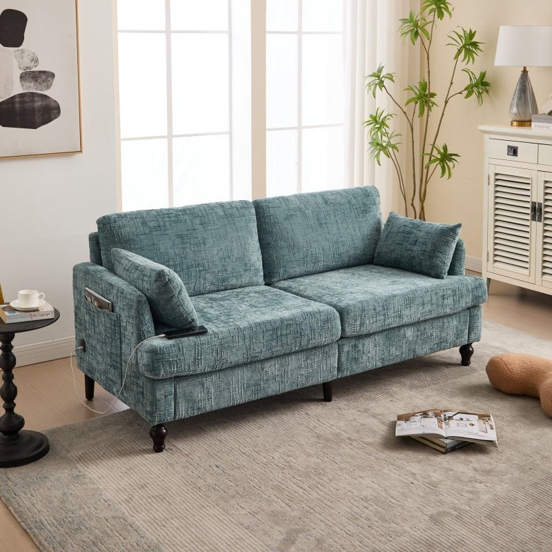 Modern Style Chenille 2-Seater Wood-Legged Sofa with LED Light, USB Charging Port and Storage Bag in Lake Blue-海智集-Default-