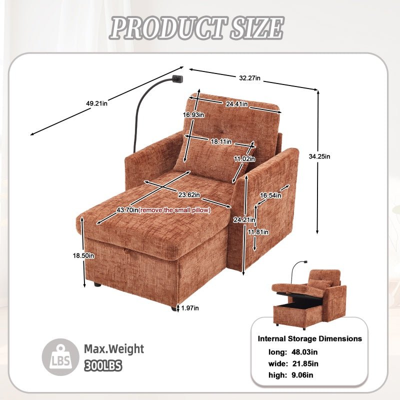Multifunctional Chenille Recliner Sofa with Storage and Phone Bracket for Living Room or Bedroom in Orange-海智集-Default-