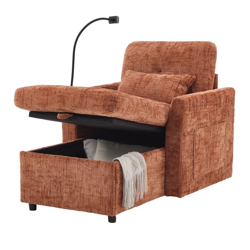 Multifunctional Chenille Recliner Sofa with Storage and Phone Bracket for Living Room or Bedroom in Orange-海智集-Default-
