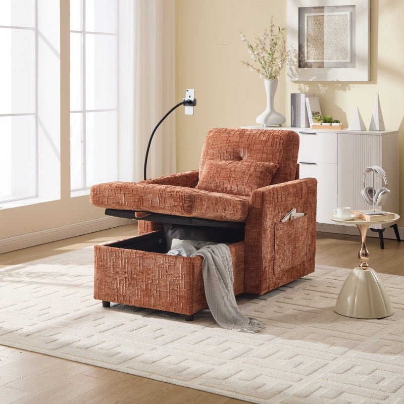 Multifunctional Chenille Recliner Sofa with Storage and Phone Bracket for Living Room or Bedroom in Orange-海智集-Default-