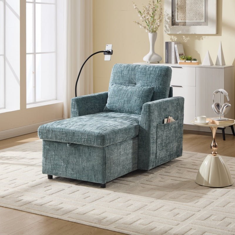 Multifunctional Chenille Recliner with Storage and Phone Bracket for Small Spaces in Lake Blue-海智集-Default-