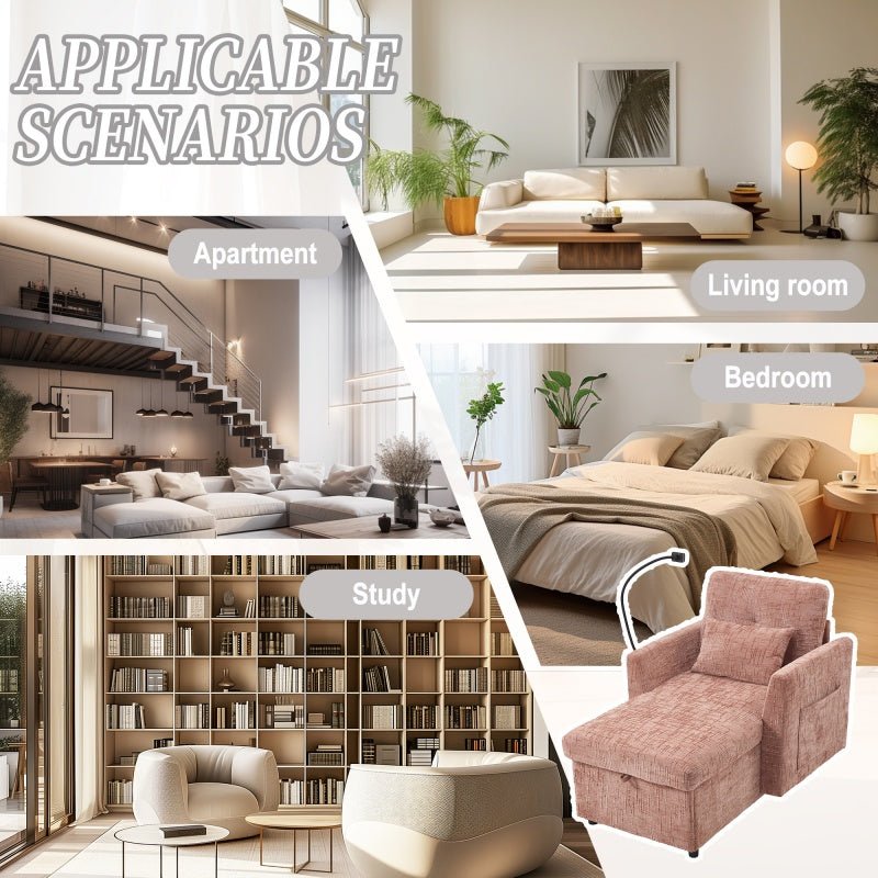 Multifunctional Lazy Person Sofa Recliner with Storage Backrest and Cell Phone Bracket in Pink Chenille for Living Room and Bedroom-海智集-Default-