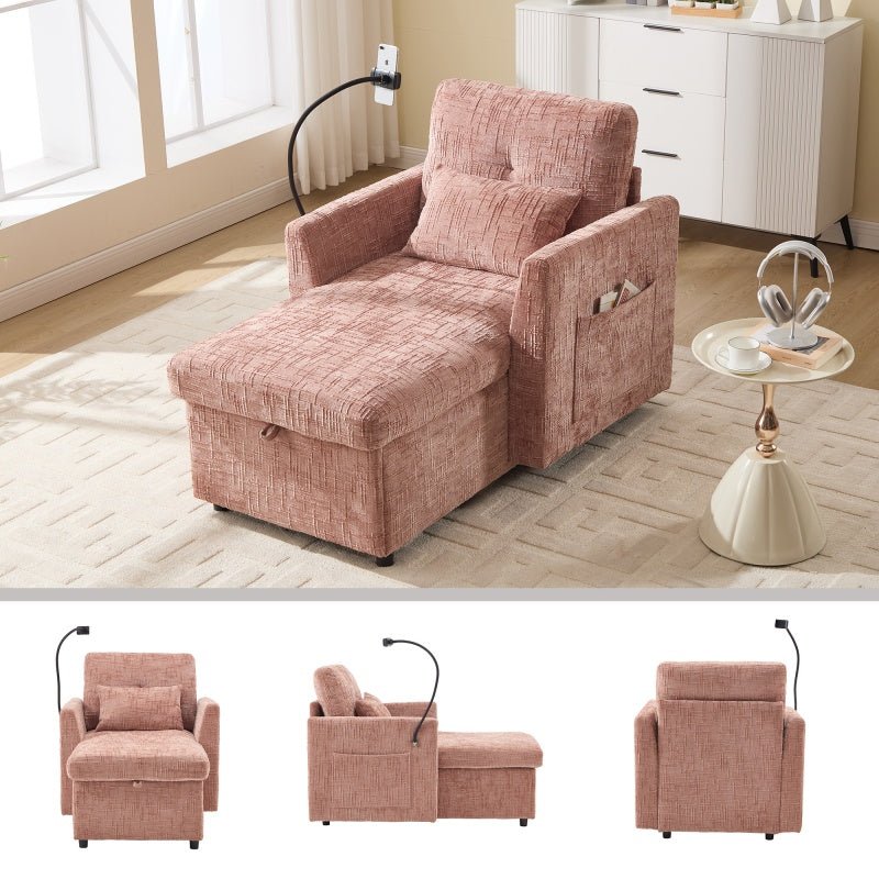 Multifunctional Lazy Person Sofa Recliner with Storage Backrest and Cell Phone Bracket in Pink Chenille for Living Room and Bedroom - 海智集
