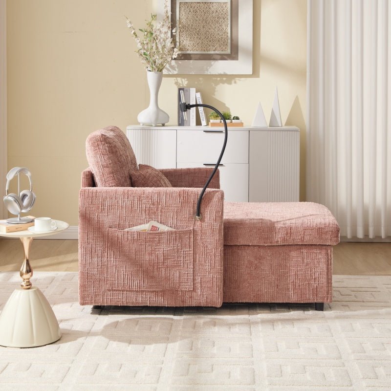 Multifunctional Lazy Person Sofa Recliner with Storage Backrest and Cell Phone Bracket in Pink Chenille for Living Room and Bedroom-海智集-Default-