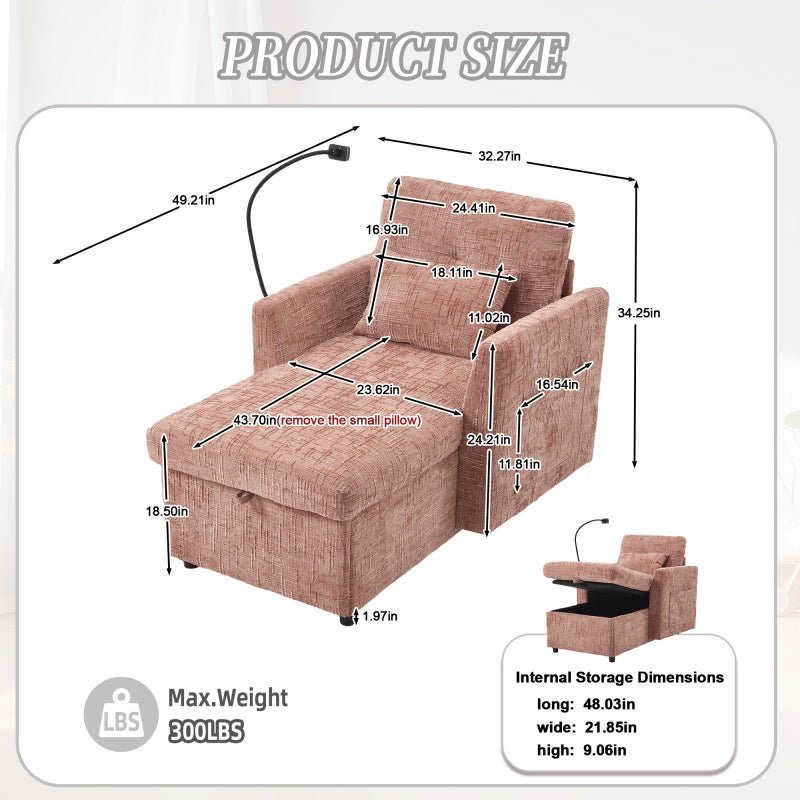 Multifunctional Lazy Person Sofa Recliner with Storage Backrest and Cell Phone Bracket in Pink Chenille for Living Room and Bedroom-海智集-Default-