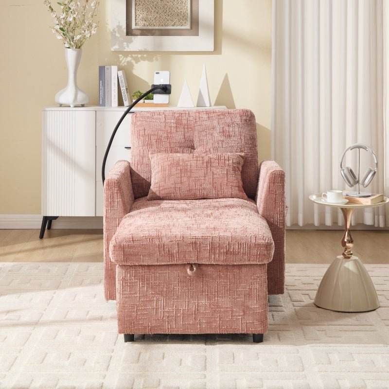 Multifunctional Lazy Person Sofa Recliner with Storage Backrest and Cell Phone Bracket in Pink Chenille for Living Room and Bedroom-海智集-Default-