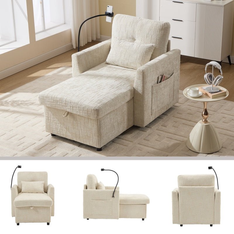 Multifunctional Lazy Person Sofa Recliner with Storage, Cell Phone Bracket, Beige Chenille, 49.21' x 32.27' x 34.25'-海智集-Default-