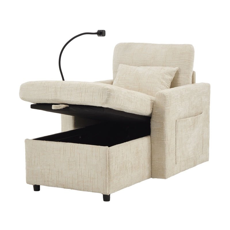Multifunctional Lazy Person Sofa Recliner with Storage, Cell Phone Bracket, Beige Chenille, 49.21' x 32.27' x 34.25'-海智集-Default-