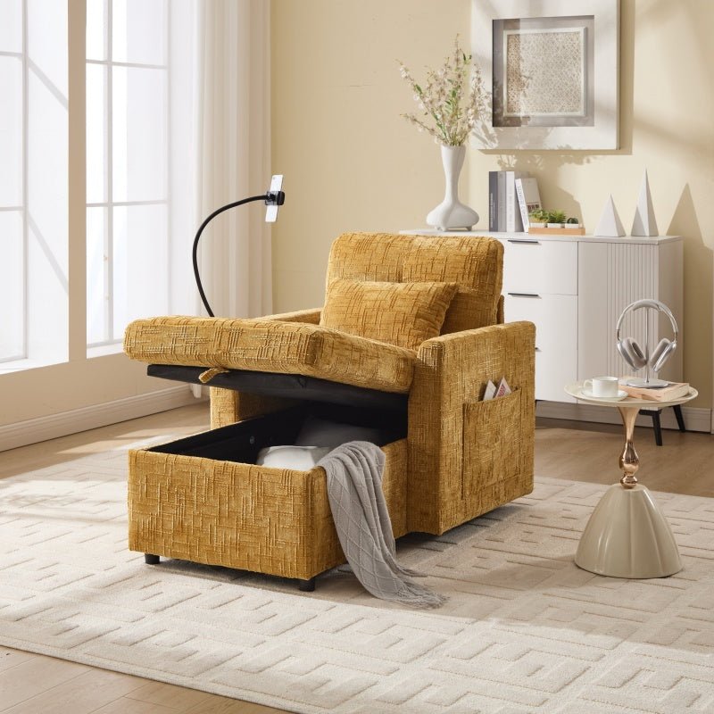 Multifunctional Lazy Sofa Recliner with Storage and Phone Bracket in Mustard Yellow Chenille for Living Room-海智集-Default-