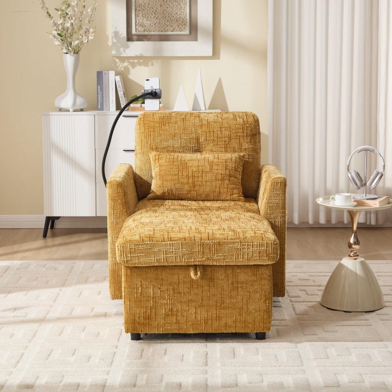 Multifunctional Lazy Sofa Recliner with Storage and Phone Bracket in Mustard Yellow Chenille for Living Room-海智集-Default-