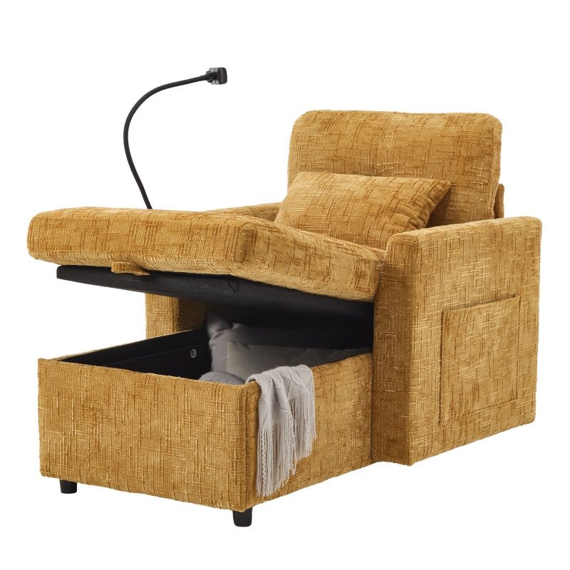 Multifunctional Lazy Sofa Recliner with Storage and Phone Bracket in Mustard Yellow Chenille for Living Room-海智集-Default-