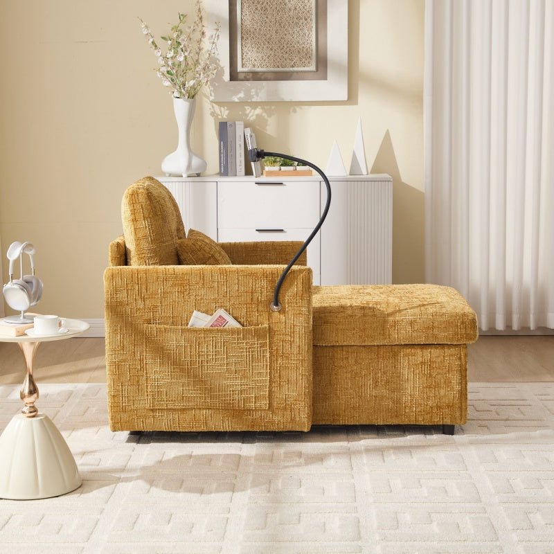 Multifunctional Lazy Sofa Recliner with Storage and Phone Bracket in Mustard Yellow Chenille for Living Room - 海智集
