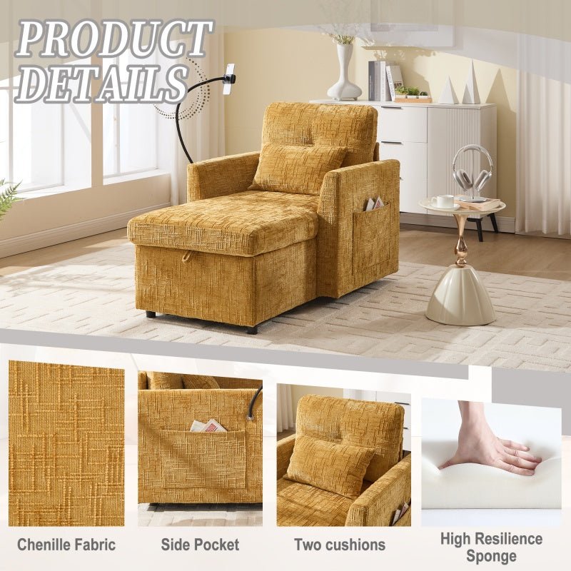 Multifunctional Lazy Sofa Recliner with Storage and Phone Bracket in Mustard Yellow Chenille for Living Room-海智集-Default-