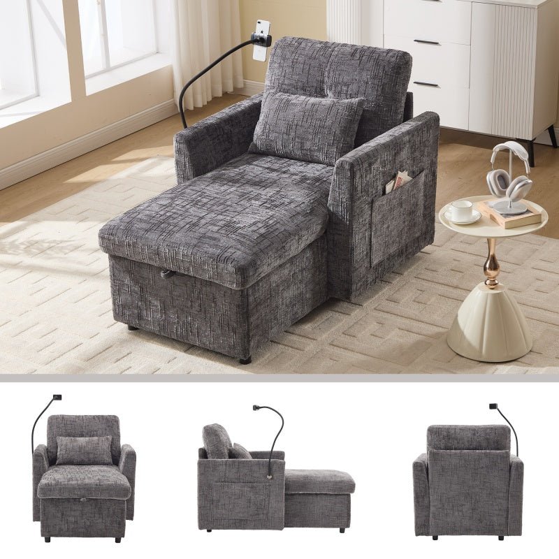 Multifunctional Recliner with Storage Backrest and Cell Phone Bracket in Gray Chenille for Living Room and Bedroom-海智集-Default-